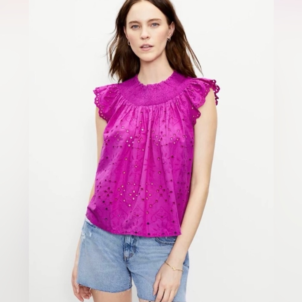 LOFT Magenta Pink/Purple Eyelet Smocked Neck Top | Size XS